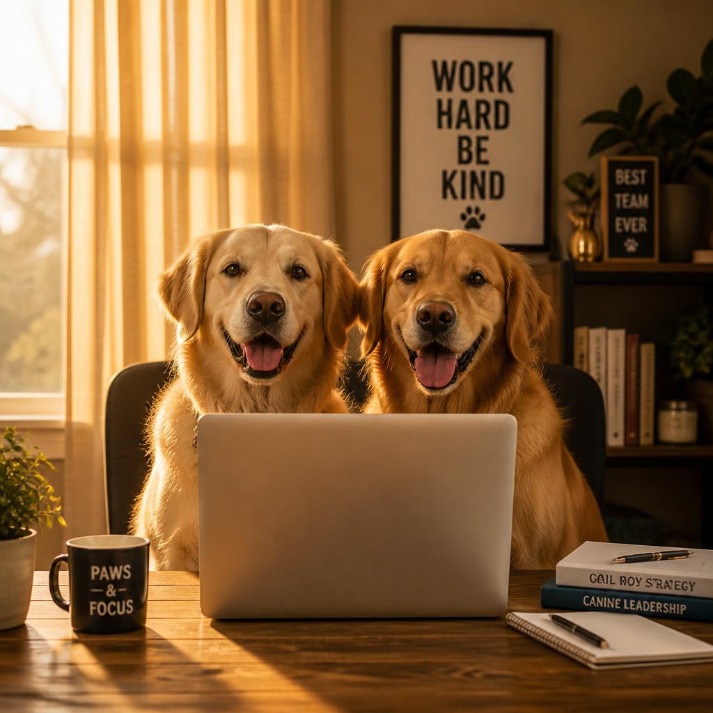A happy golden retriever next to a laptop in a warm workspace